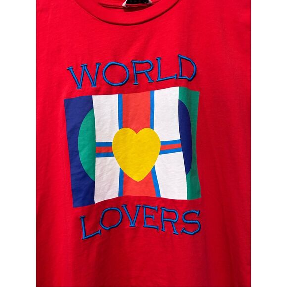Sandro Crew Neck Short Sleeve Embroidery World Lovers Graphic T-Shirt Red Small - Picture 7 of 10